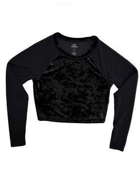 Good American Crushing It Crop Long Sleeve Top Velvet Mesh Black